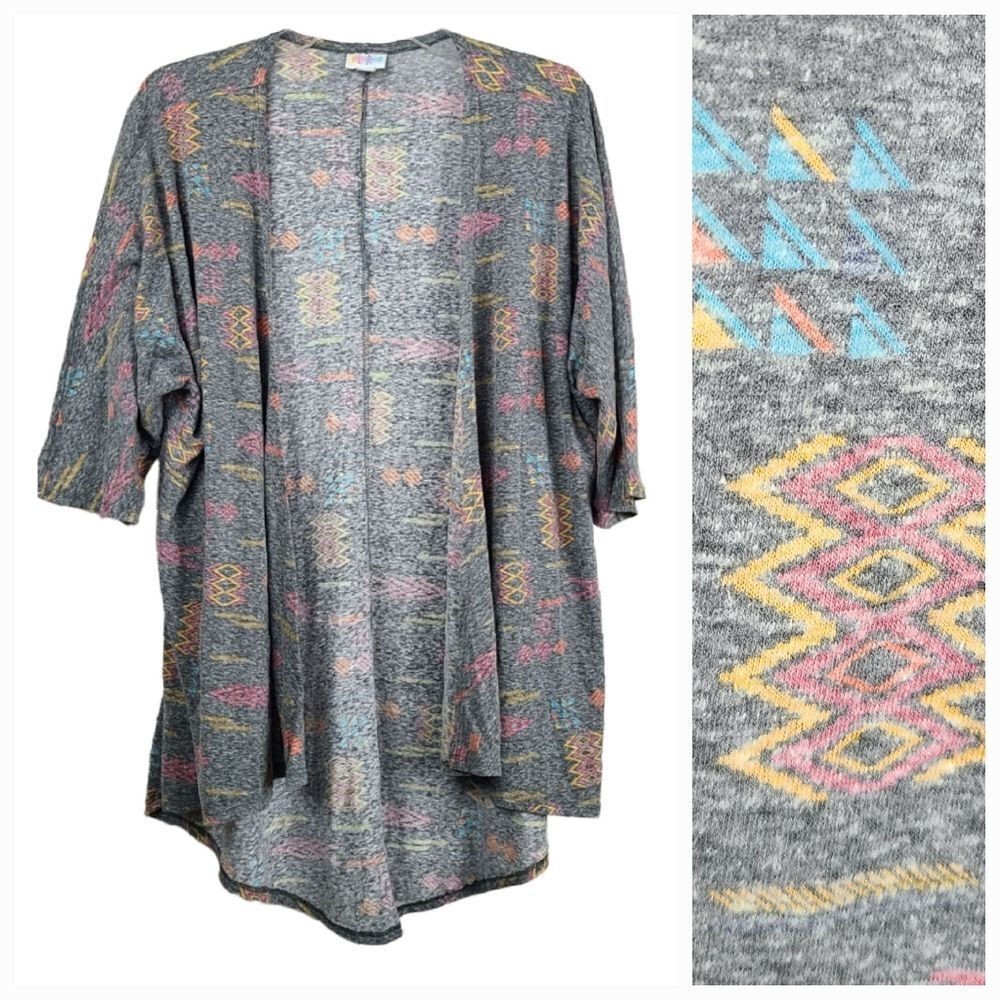 LuLaRoe Lindsay Kimono Open Cardigan Sweater Gray Heather Tribal Western Print